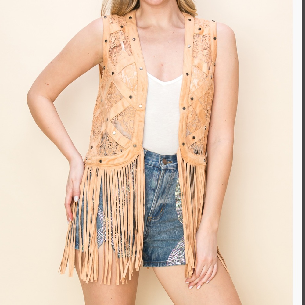 Studded Lace Fringe Vest- Latte